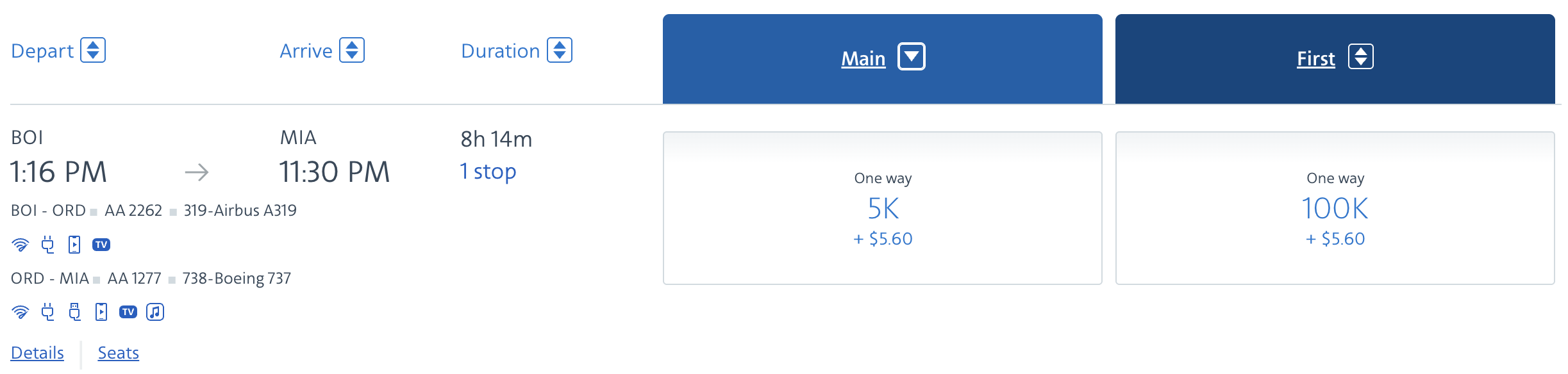 AA economy award from BOI-MIA for 5,000 miles one way.